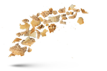 Flying crumbs. Crumbs of different bread on a white isolated background. Crumbs of different sizes and types scatter in different directions, casting a shadow close-up. Isolate of crumbs.の写真素材