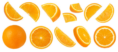 A set of sliced and whole oranges on a white isolated background. Round and half round orange slices...