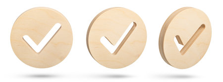 Set of check mark symbols from different sides on a white isolated background. A large wooden round check mark sign is falling down casting a shadow. High quality photo for a design or project.の写真素材