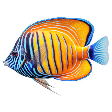 Multicolored aquarium fish on a transparent background, side view. The Tang, an yellow and blue saltwater aquarium fish, isolated on a white background, a design element for insertionの素材