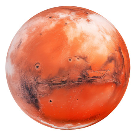 Realistic image of red planet Mars on a transparent background. Planet Mars isolated on transparent background in PNG format, space elements, astronomy concept.の素材