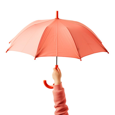 Pink umbrella in the hand of a child isolated on a white or transparent background. The umbrella in an outstretched hand in close-up, protection from rain, graphic element, clipartの素材