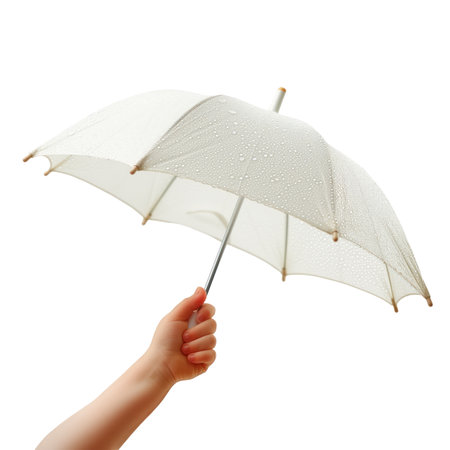 White umbrella in the hand of a child isolated on a white or transparent background. The umbrella in an outstretched hand in close-up, protection from rain, graphic element, clipartの素材