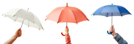 Set of different umbrellas in the hand of a child isolated on a white or transparent background. Pink, white and blue umbrellas in an outstretched hand in close-up, protection from rain, clipartの素材