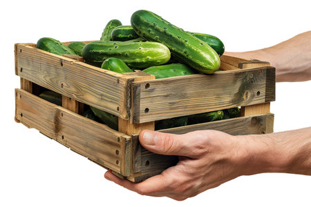 A mans hands hold box with cucumbers on a white or transparent background. Selling cucumbers at a market or store close-up.の素材