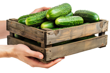 A mans hands hold box with cucumbers on a white or transparent background. Selling cucumbers at a market or store close-up.の素材