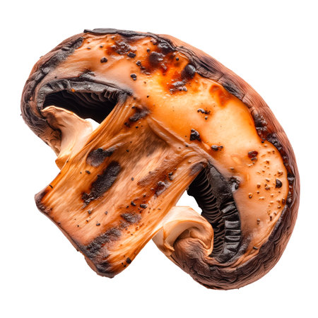Grilled champignon mushrooms slices isolated on a white or transparent background. Grilled vegetables close-up. Eggplant slices with grill grid marks. Food photography design element.の素材