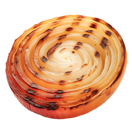 Grilled slice of fresh onion isolated on a white or transparent background. Close-up of fried onion, top view. Design element for grilled food theme.の素材