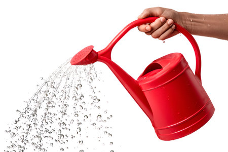 A red plastic watering can in hand isolated on a white or transparent background. Close-up of the watering can in hand, watering plants, flowers, and seedlings, side view. Graphic design elementの素材