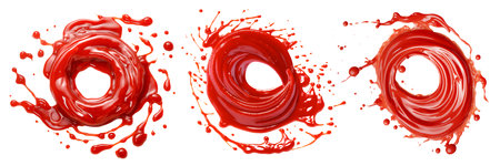 A set of ketchup spirals are cut out on a transparent background. A set of red ketchup scatters in different directions. Design element for insertion into a fast food advertising bannerの素材