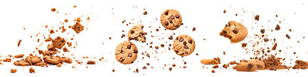A set of pieces and crumbs of chocolate chip cookies flying through the air, isolated on a transparent background. Dynamic scene, perfect for culinary projects and food texture or crumbling concepts.の素材