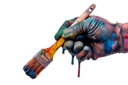 Brush isolated on white or transparent background. Dirty brush in hands with smeared multicolored glove.の素材