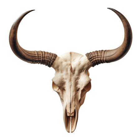 Bull head isolated on a transparent or white background. Head overlay for insertion. Design elements to insert into a design or project.の素材