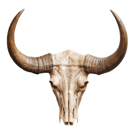 Bull head isolated on a transparent or white background. Head overlay for insertion. Design elements to insert into a design or project.の素材