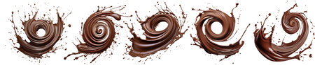 Set of a chocolate spirals isolated on white or transparent background. Close-up of a spirals of fresh milk chocolate. An element to be inserted into a design or project.の素材