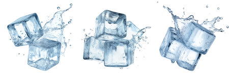 Set of different ice cubes on a transparent background. Ice cubes melt and water scatters from them in different directions. The concept of preparing an alcoholic cocktail, or seasoning for drinks.の素材