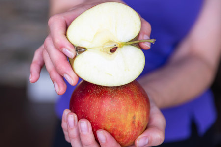 Woman holding halves and whole apples close-up. A quick snack in the form of an apple.