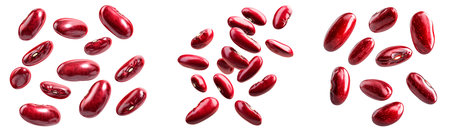 Set of red kidney beans isolated on a transparent background. Collection of shiny raw red beans scattered and floating in different positionsの素材