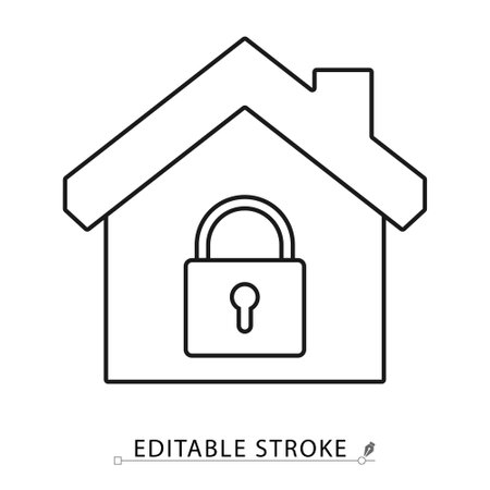 House with closed padlock icon in minimal black outline style on white background. Editable stroke vector for home security, protection, access control or privacy. Concept: house protection.のイラスト素材