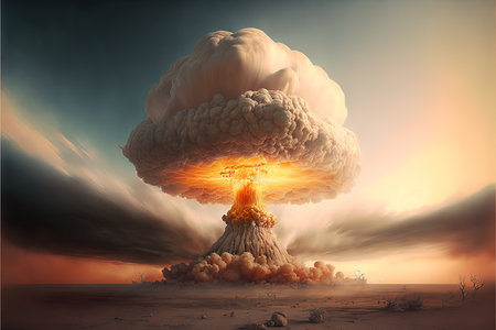 Big explosion of nuclear bomb with smoke and flames. 3d render