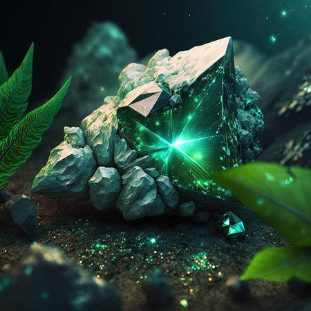 Emerald stone on the ground, 3d render. Computer digital drawing.