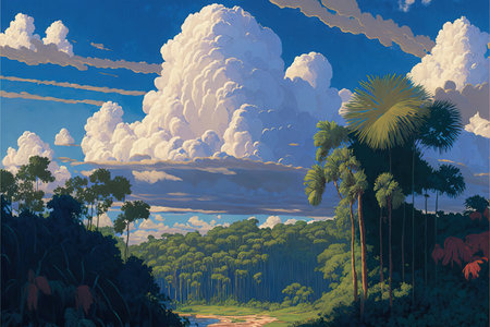 <p>Illustration of a beautiful seascape with trees and clouds.</p>