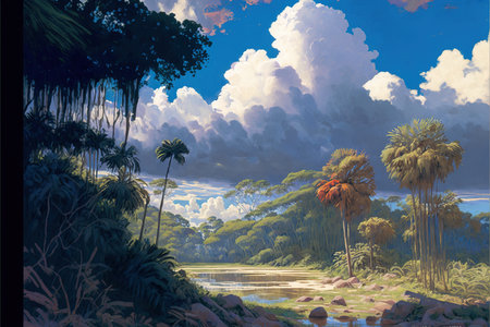 <p>Illustration of a beautiful seascape with trees and clouds.</p>