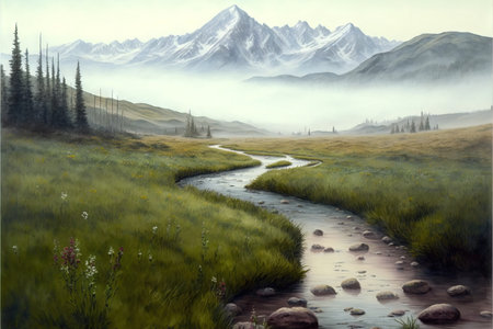Beautiful mountain landscape with a stream in the valley. Ai generated.の素材