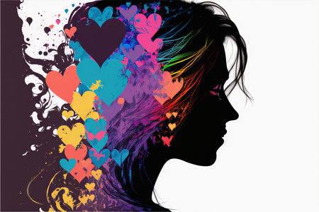 Silhouette of a beautiful girl in love with long hair and colorful hearts. Ai generatedの素材