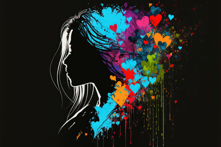 Silhouette of a beautiful girl in love with long hair and colorful hearts. Ai generatedの素材