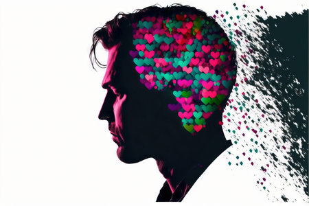 Silhouette of a man in love combined with colorful hearts. Generated illustration.の素材