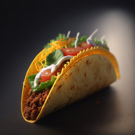 Taco with meat and vegetables on a black background. Ai generated renderingsの素材