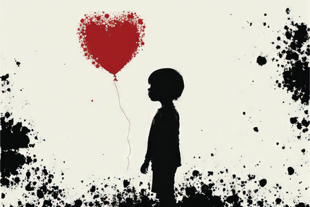 Silhouette of a kid with a red heart balloonの素材