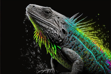 Neon iguana on a black background. ai renderings, ai neon illustrationの素材