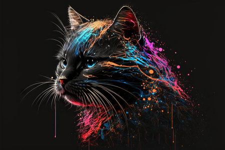 Ai digital Illustration of a Cat with Colorful Neon Paint Splash on Black Backgroundの素材
