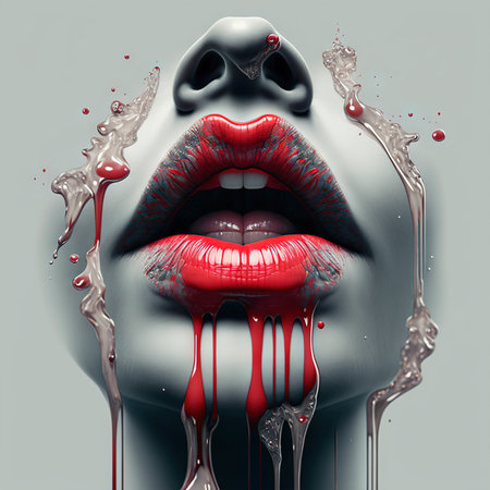 Red lips with splashes of crimson lipstick. Close up shot.の素材