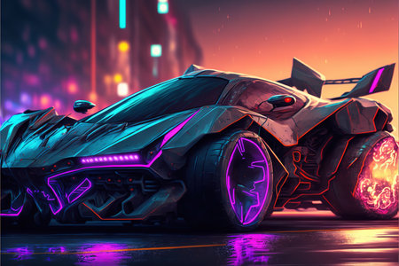 Ai renderings of a fantasy car in the cyberpunk city with neon lightsの素材