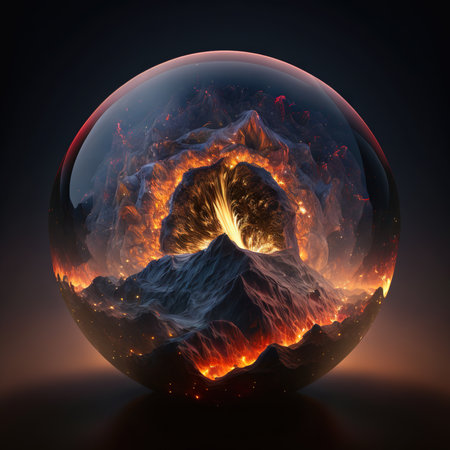Volcanic eruption in a crystal ball. ai illustration.の素材