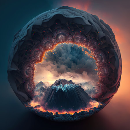Volcanic eruption in a crystal ball. ai illustration.の素材