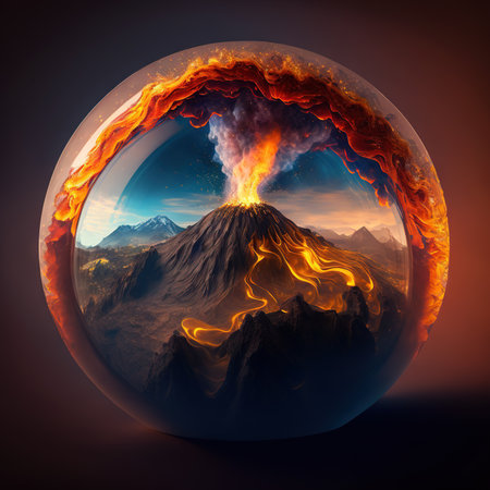 Volcanic eruption in a crystal ball. ai illustration.の素材