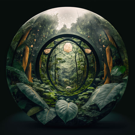 Fantasy landscape in the forest in a crystal ball. ai illustration. Vintage style.の素材