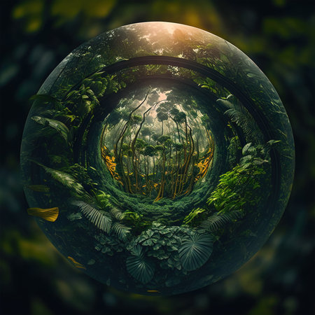 Fantasy landscape in the forest in a crystal ball. ai illustration. Vintage style.の素材