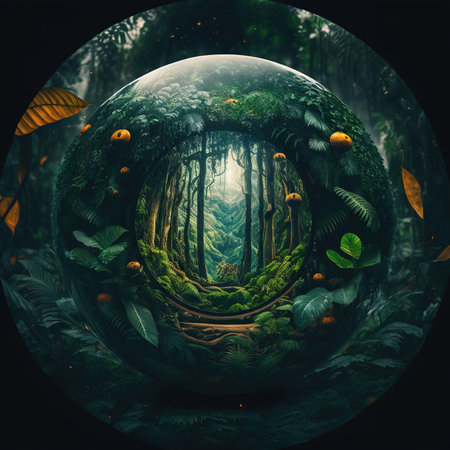 Fantasy landscape in the forest in a crystal ball. ai illustration. Vintage style.の素材