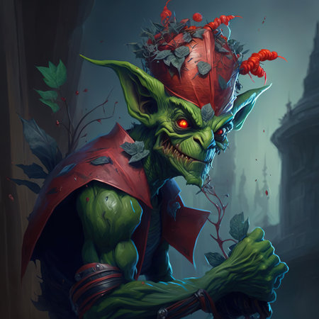 Fantasy illustration of a green goblin with horns and a red hat.の素材