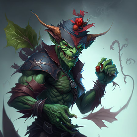 Nefarious, green goblin with red hat, created with generative ai technologyの素材