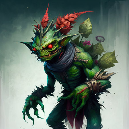 Fantasy illustration of a green goblin with horns and a red hat.の素材