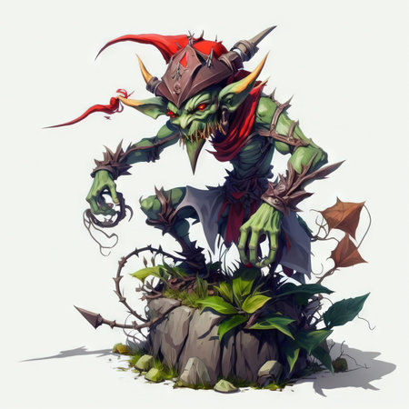 Fantasy illustration of a goblin with a red hat and metal clawsの素材