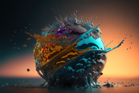 Ai rendering of crystal ball with multicolored water splash.の素材