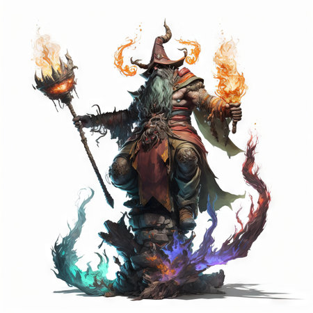Fantasy illustration of a fire mage with a torch on fire.の素材