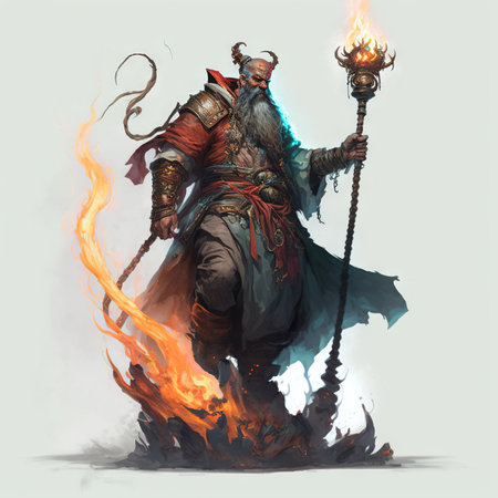Fantasy illustration of a fire mage with a torch on fire.の素材